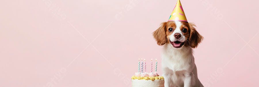 Cachorro feliz com chapéu de festa e bolo de aniversário em fundo rosa