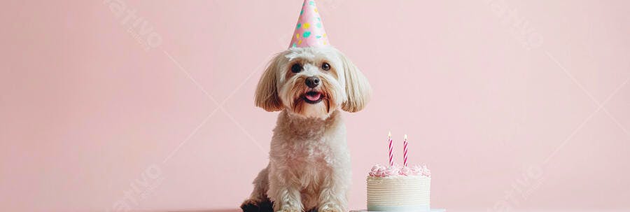 Cachorro branco feliz com chapéu de festa e bolo de aniversário rosa
