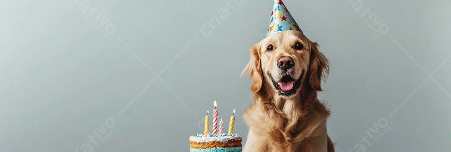 Cachorro Golden Retriever feliz com chapéu de festa e bolo de aniversário