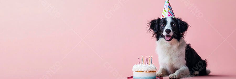 Cachorro feliz com chapéu de festa e bolo de aniversário em fundo rosa