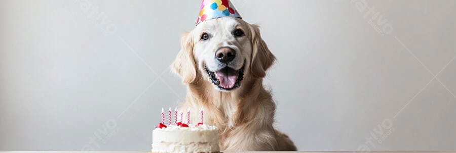 Cachorro Golden Retriever feliz com chapéu de festa e bolo de aniversário