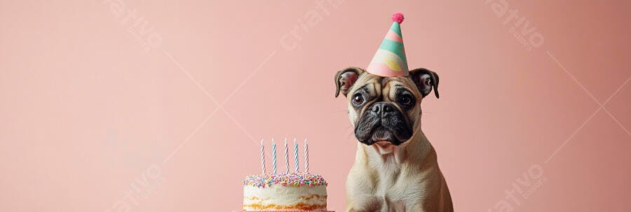 Pug com chapéu de festa colorido e bolo de aniversário em fundo rosa