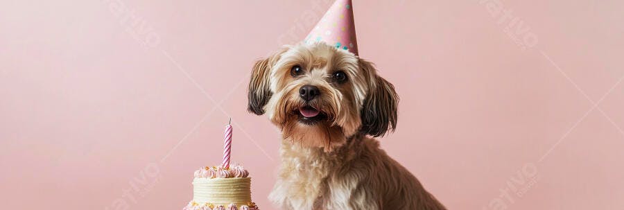 Cachorro fofo com chapéu de festa e bolo de aniversário rosa