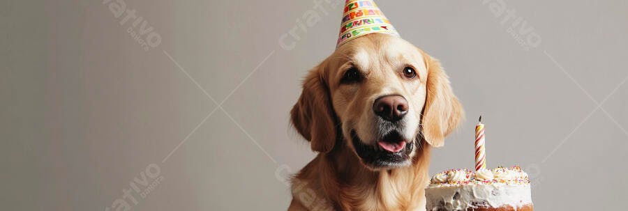 Golden Retriever feliz com chapéu de festa e bolo de aniversário