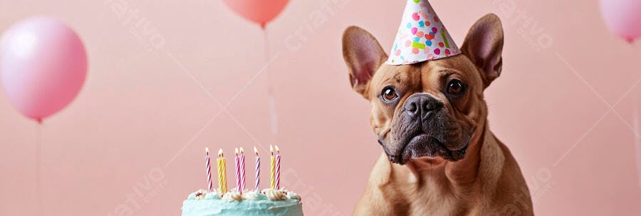 Cachorro Bulldog Francês com chapéu de festa e bolo de aniversário rosa