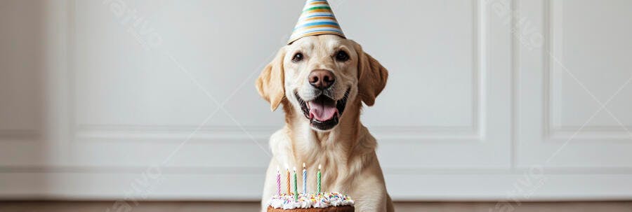 Cachorro Golden Retriever feliz com chapéu de festa e bolo de aniversário