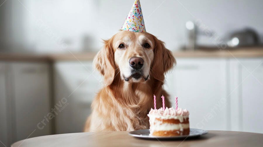 Cachorro Golden Retriever com chapéu de festa e bolo de aniversário na cozinha