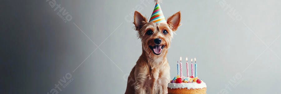 Cachorro Yorkshire Terrier feliz com chapéu de festa e bolo de aniversário em fundo claro
