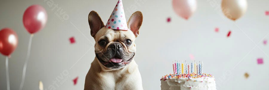 Buldogue francês feliz com chapéu de festa em celebração de aniversário