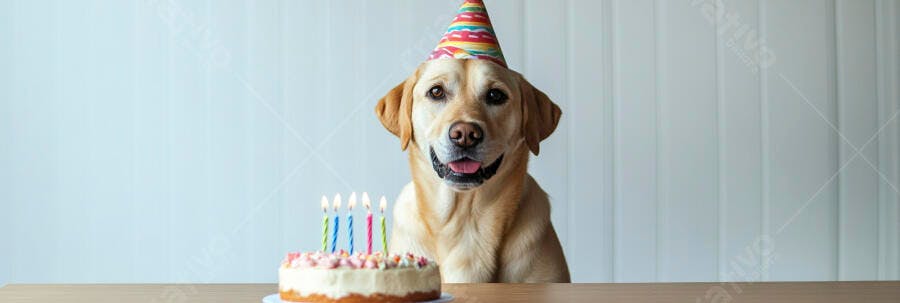 Labrador dourado feliz comemorando aniversário usando chapéu de festa e bolo com velas