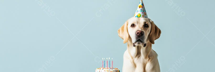 Cão Labrador creme com chapéu de festa e bolo de aniversário em estúdio