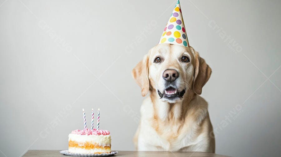 Cachorro labrador feliz com chapéu de festa e bolo de aniversário
