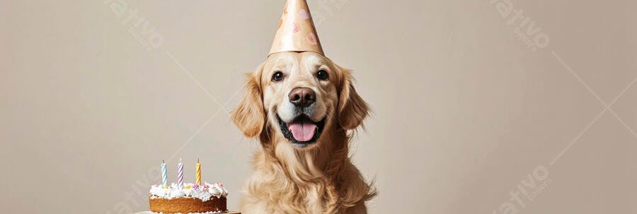 Cachorro Golden Retriever feliz com chapéu de festa e bolo de aniversário