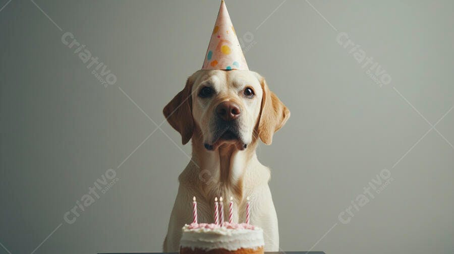 Labrador creme com chapéu de festa e bolo de aniversário