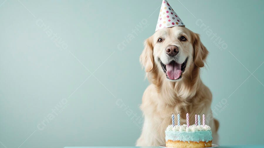 Cachorro Golden Retriever feliz com chapéu de festa e bolo de aniversário azul
