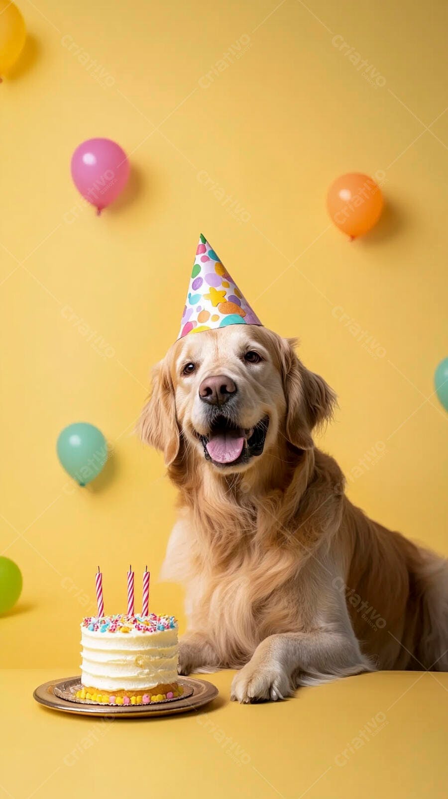 Golden Retriever feliz com chapéu de festa e bolo de aniversário em fundo amarelo