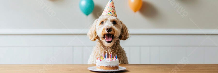 Cachorro Goldendoodle feliz com chapéu de festa e bolo de aniversário