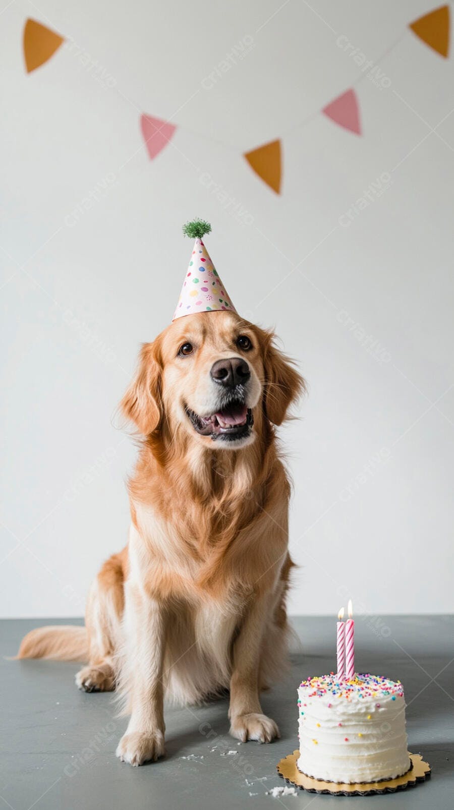 Golden Retriever feliz com chapéu de festa e bolo de aniversário