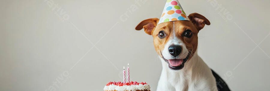 Cachorro Jack Russell feliz com chapéu de festa e bolo de aniversário