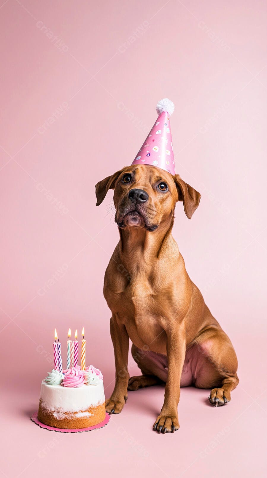 Cachorro marrom com chapéu de festa e bolo de aniversário em fundo rosa