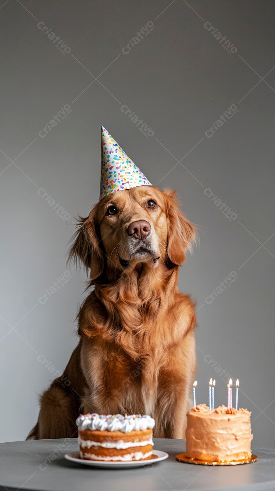 Cão Golden Retriever com chapéu de festa e bolos de aniversário