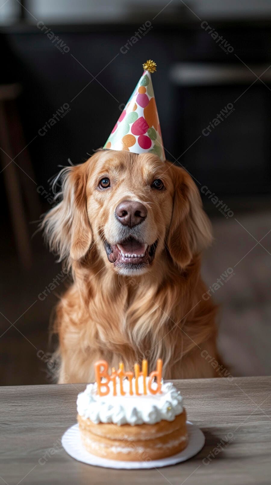 Cachorro Golden Retriever feliz com chapéu de festa e bolo de aniversário