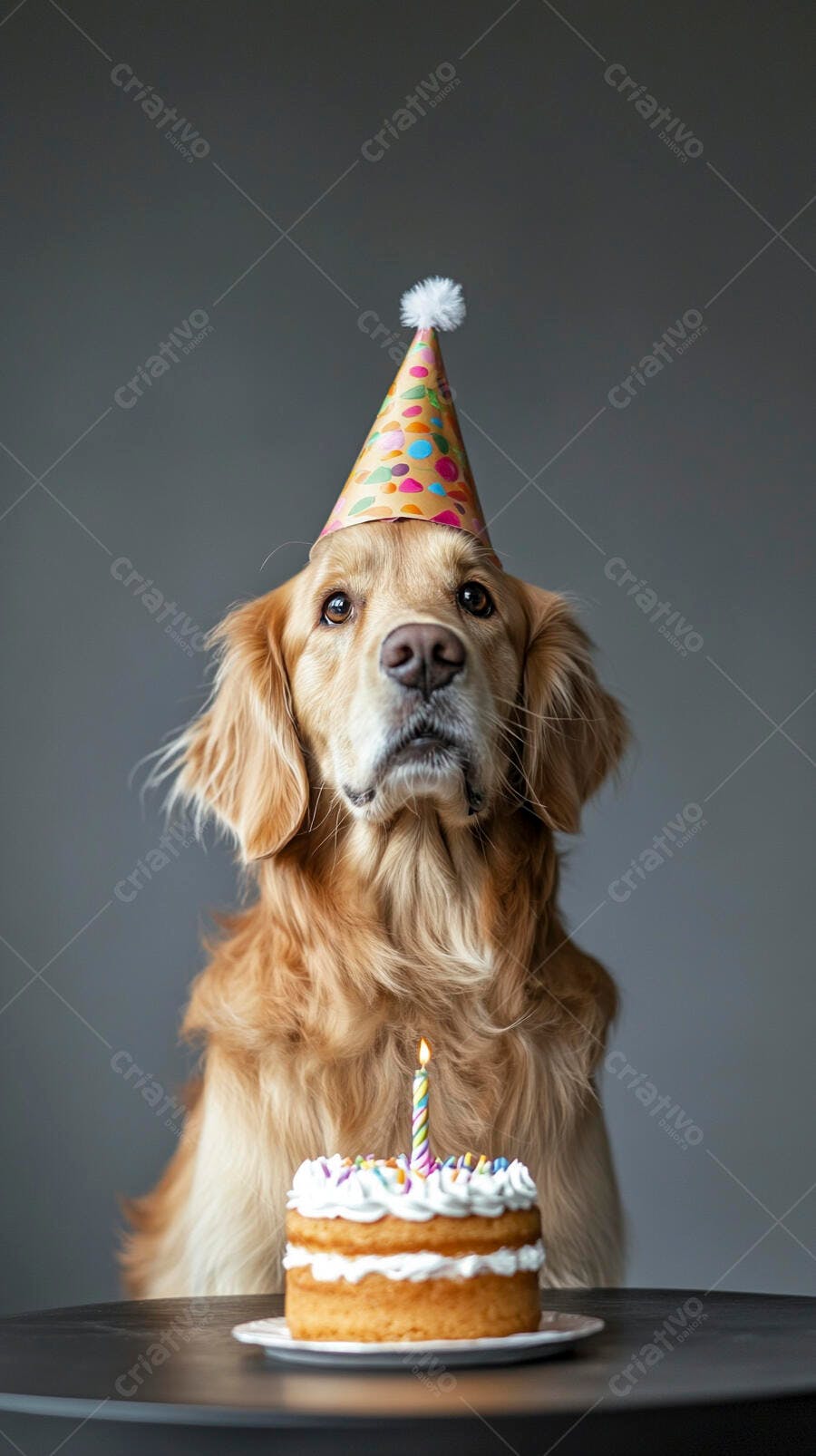 Cachorro Golden Retriever dourado com chapéu de festa e bolo de aniversário