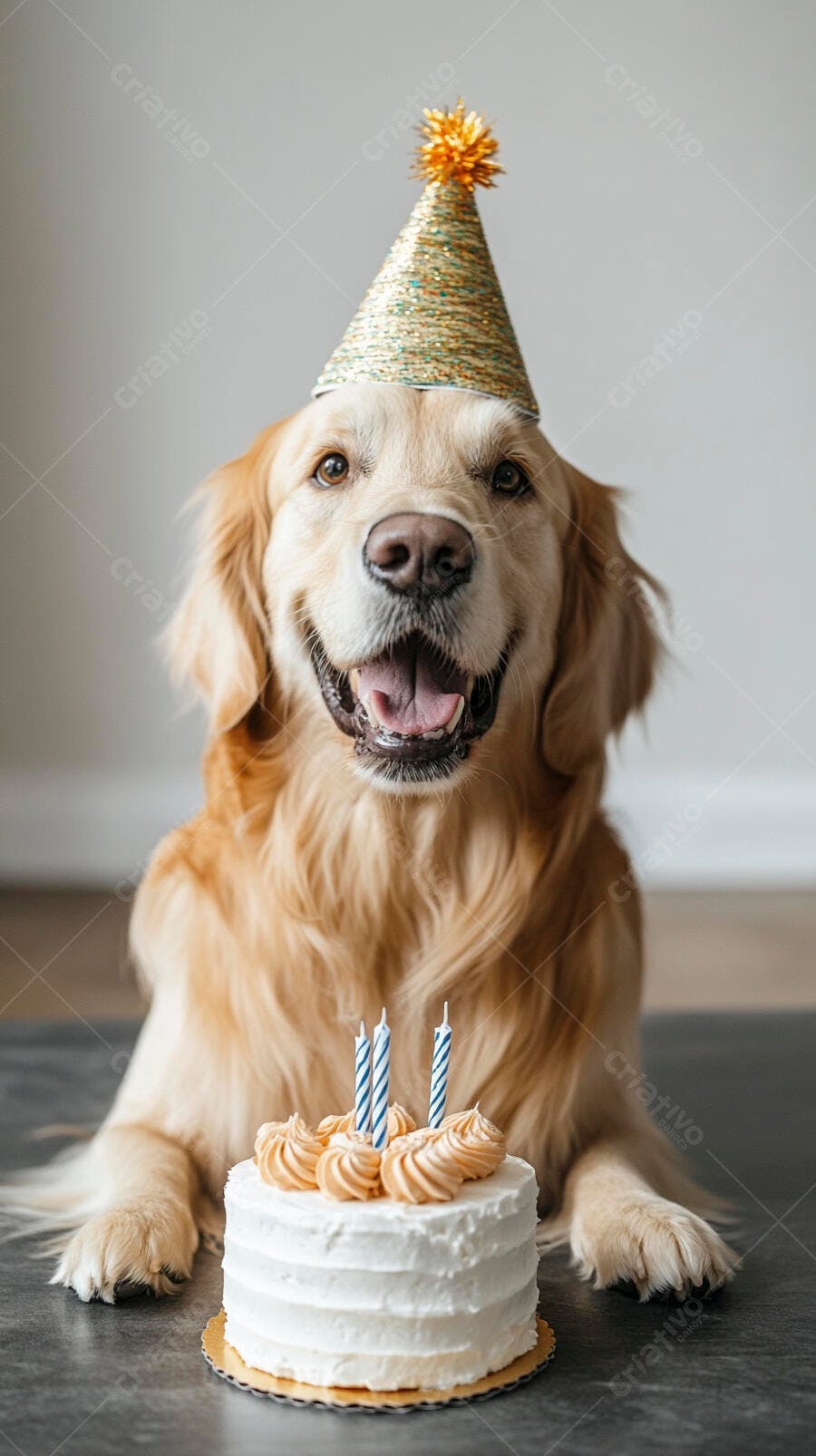 Cachorro Golden Retriever feliz com chapéu de festa e bolo de aniversário branco