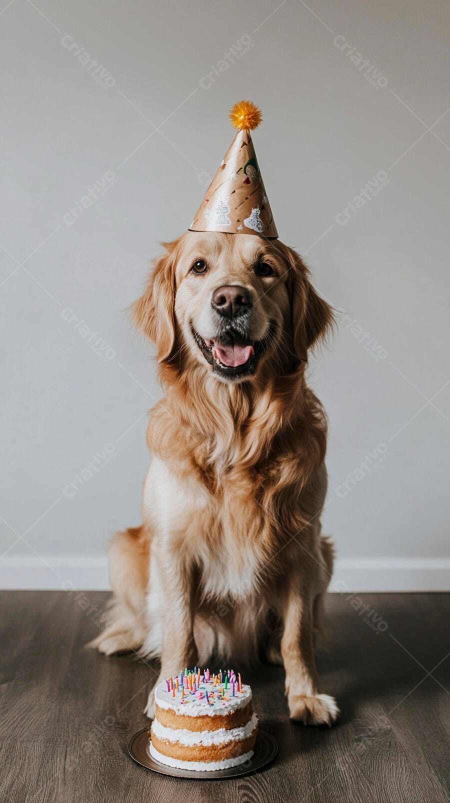 Cachorro Golden Retriever feliz com chapéu de festa e bolo de aniversário colorido