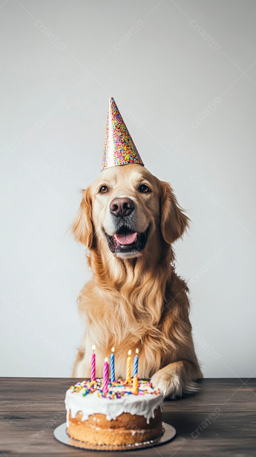 Cachorro Golden Retriever feliz com chapéu de festa e bolo de aniversário com velas acesas