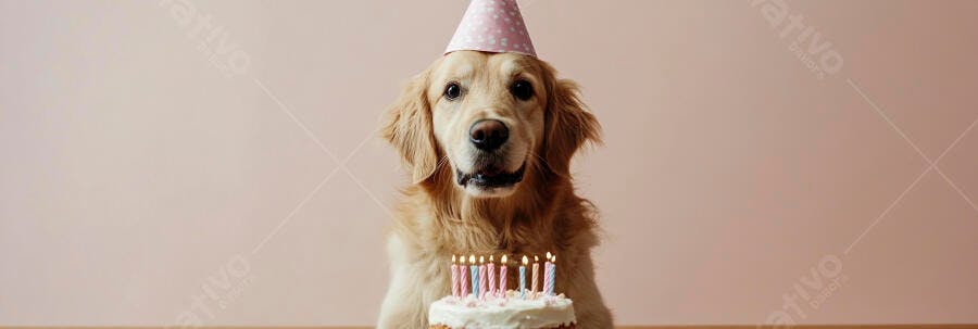 Golden Retriever com chapéu de festa e bolo de aniversário em casa