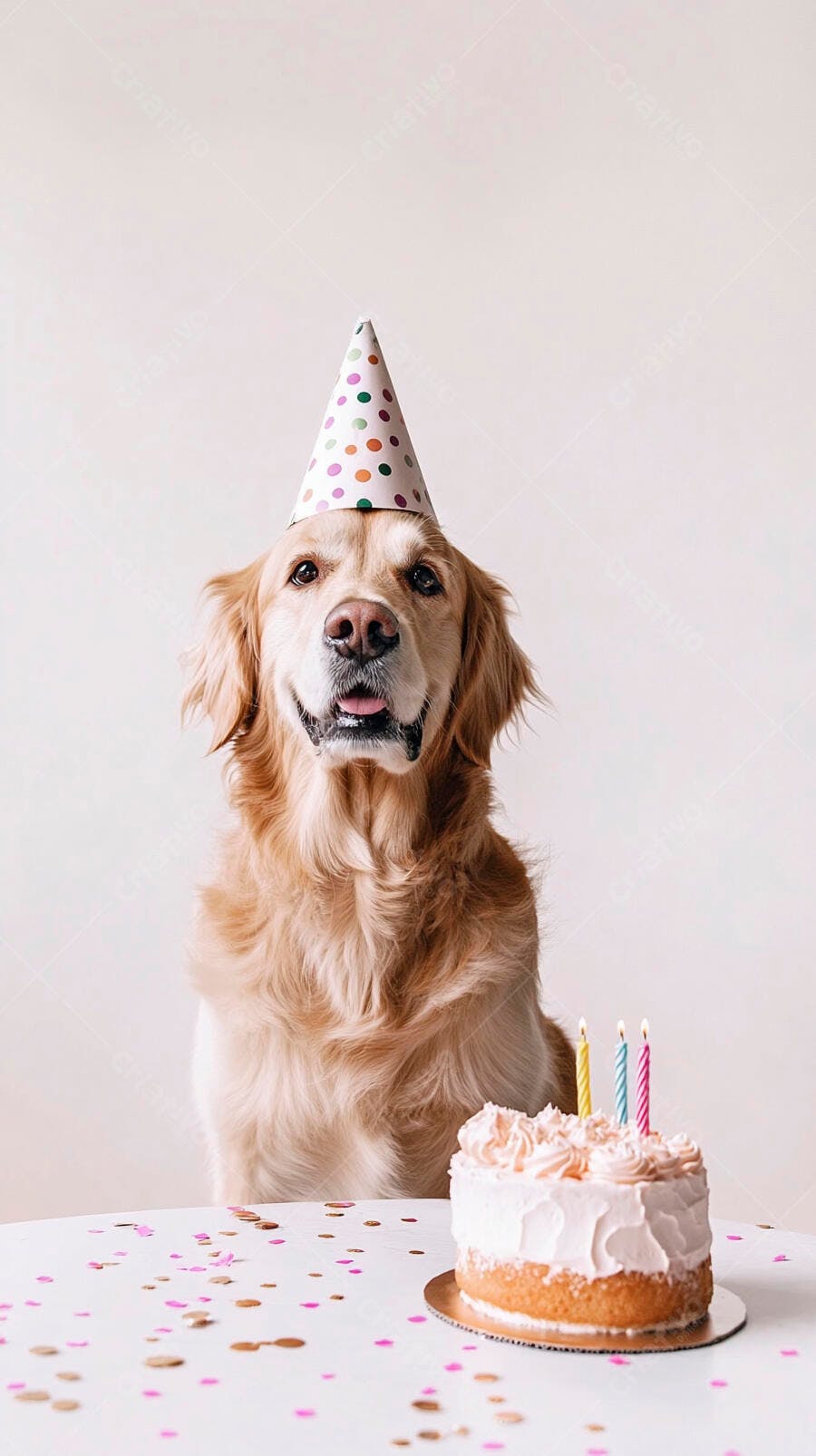 Golden Retriever feliz com chapéu de festa e bolo de aniversário em celebração