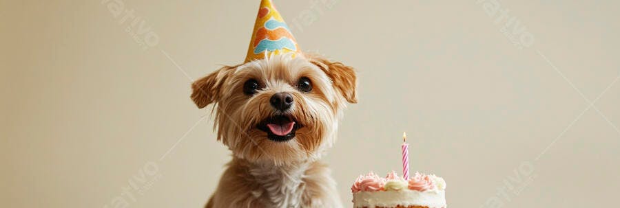 Cachorro feliz de chapéu de aniversário com bolo e vela acesa