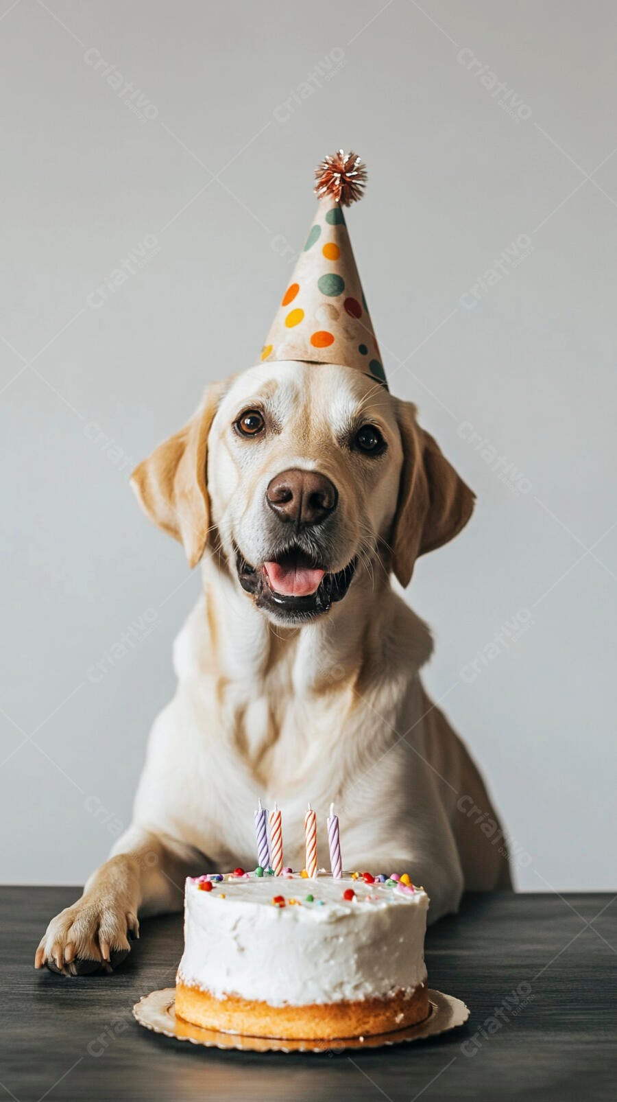 Cachorro Labrador feliz de pelagem creme com chapéu de festa e bolo de aniversário velas coloridas