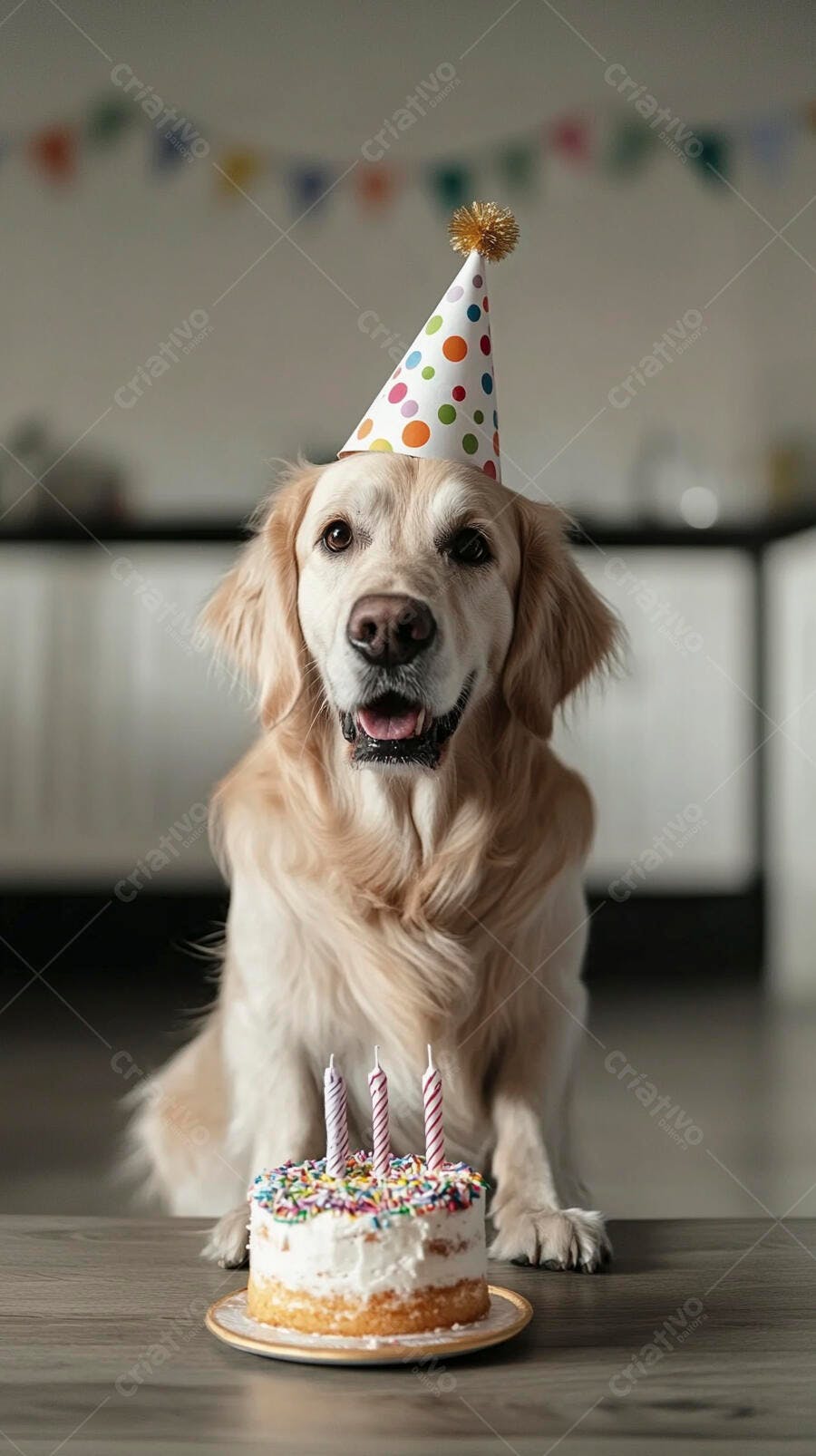 Cachorro Golden Retriever feliz com chapéu de festa e bolo de aniversário em casa
