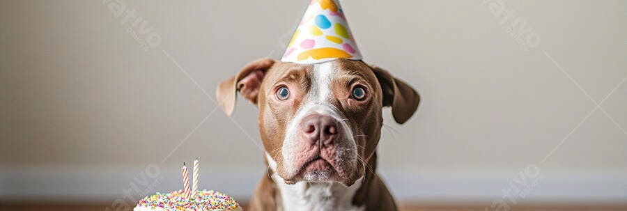 Cão Pitbull marrom e branco com chapéu de festa e bolo de aniversário