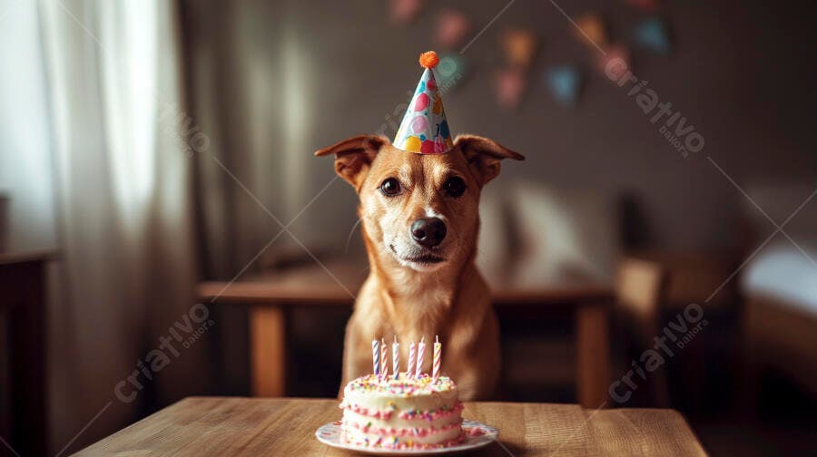 Cachorro caramelo com chapéu de festa celebrando aniversário com bolo e velas