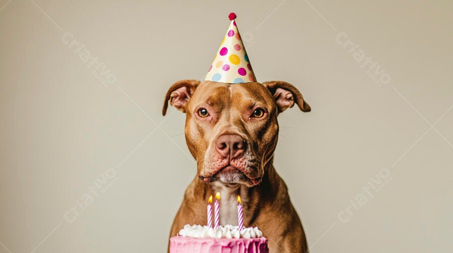 Cachorro Pit Bull marrom com chapéu de festa e bolo de aniversário rosa velas acesas