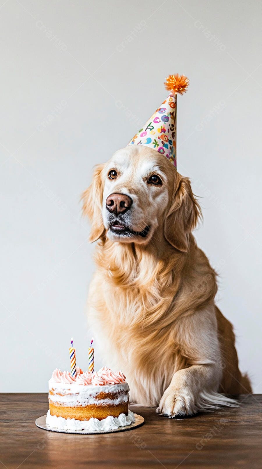 Cachorro Golden Retriever em festa de aniversário com bolo