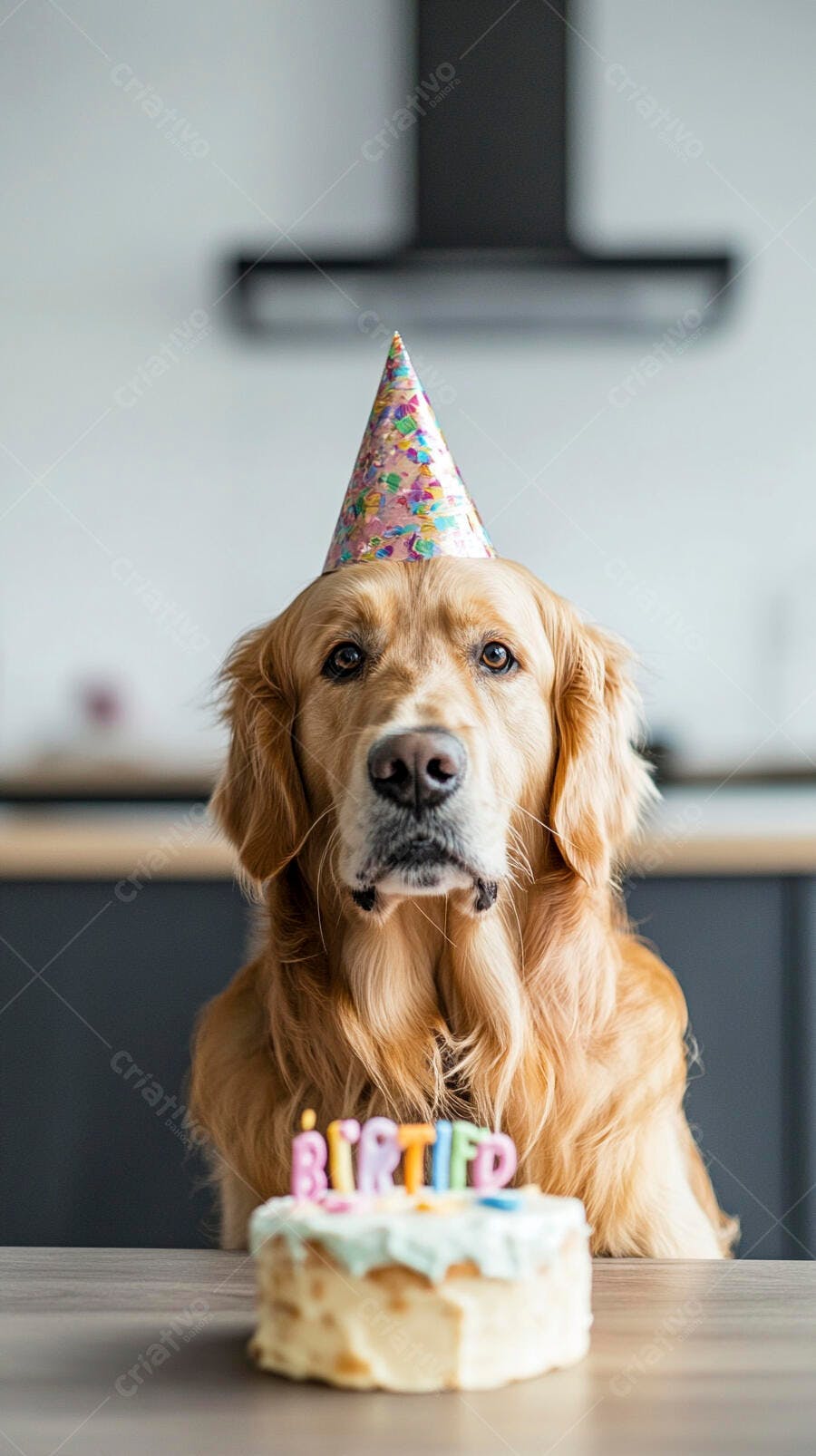 Cachorro Golden Retriever com chapéu de festa e bolo de aniversário em casa