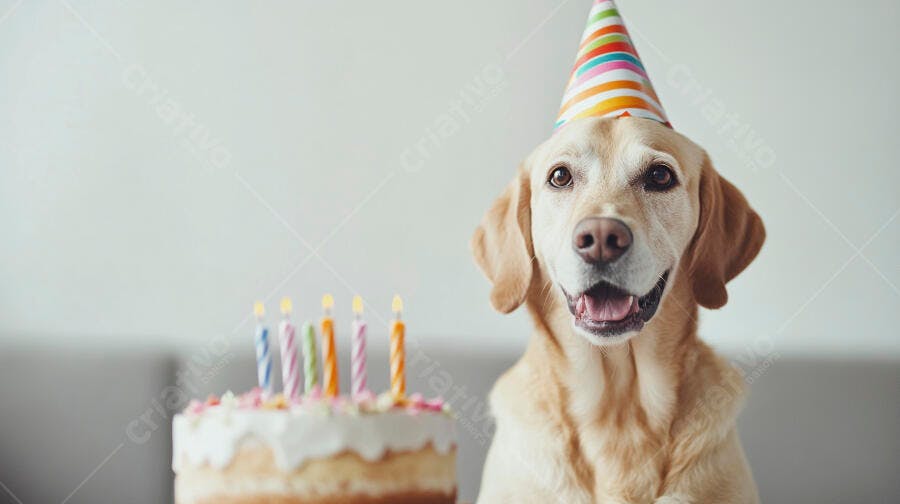Cão Labrador dourado com chapéu de festa ao lado de bolo de aniversário com velas