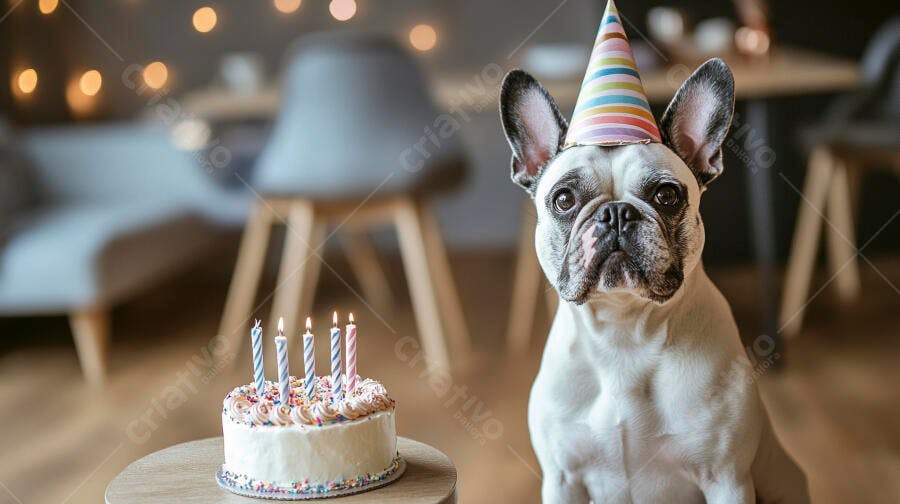 Buldogue francês branco e preto com chapéu de festa e bolo de aniversário em casa