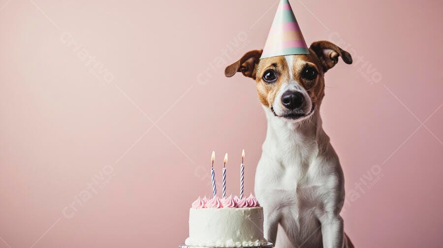 Cão Jack Russell com chapéu de festa e bolo de aniversário rosa