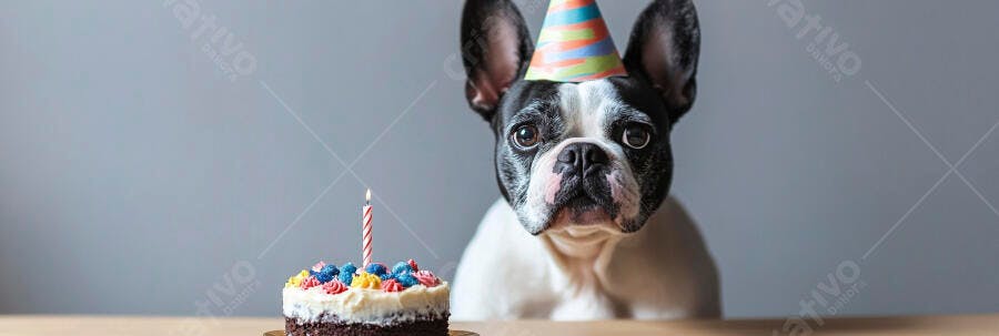Bulldog Francês com chapéu de festa e bolo de aniversário em celebração