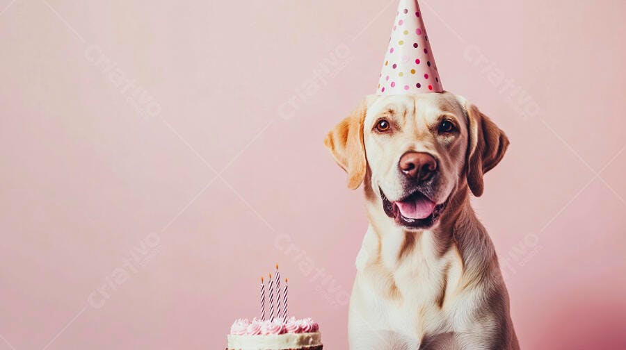 Cachorro labrador feliz com chapéu de festa e bolo de aniversário rosa