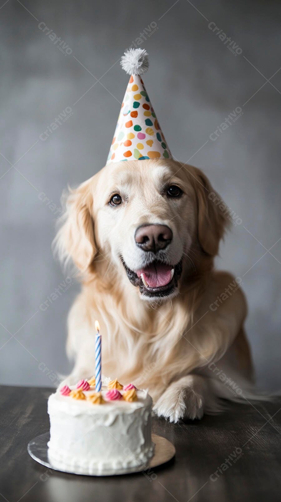 Golden Retriever feliz com chapéu de festa e bolo de aniversário com vela acesa