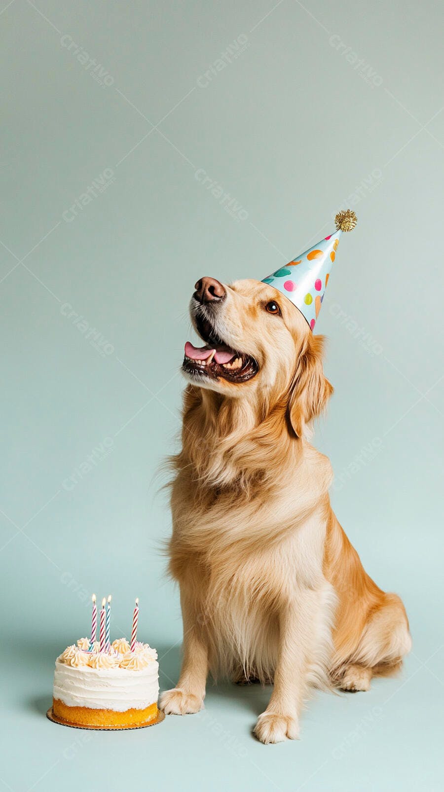 Cachorro Golden Retriever feliz com chapéu de festa e bolo de aniversário no estúdio