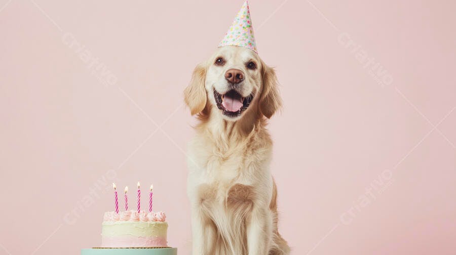 Golden Retriever feliz com chapéu de aniversário e bolo em fundo rosa
