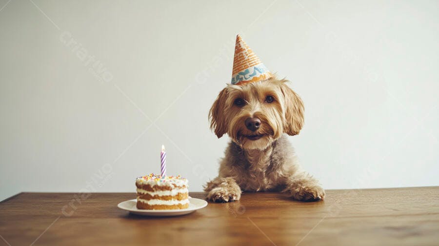 Cachorro pequeno feliz com chapéu de festa e bolo de aniversário na mesa