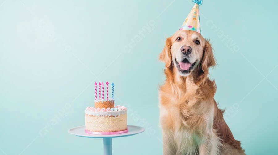 Cão Golden Retriever feliz com chapéu de festa e bolo de aniversário